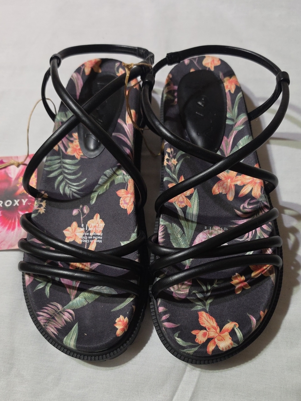 Roxy Black Floral Strappy Sandals